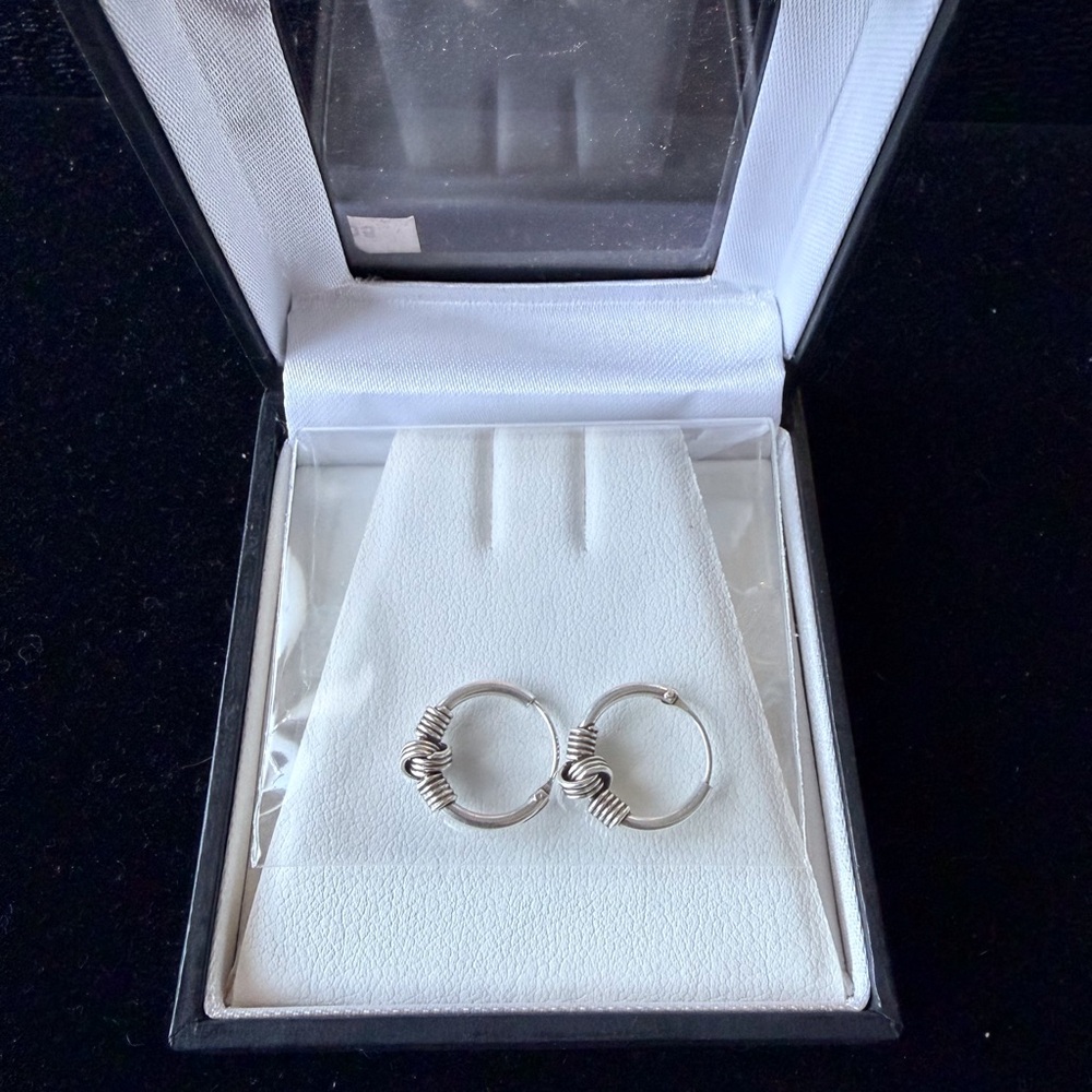 Sterling Hoop Earrings with Cable Wrap Detail - Silver